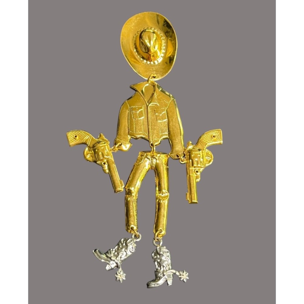 Vintage ARTICULATED BROOCH PIN Cowboy Hat Boots Pistol GOLD & SILVER TONE